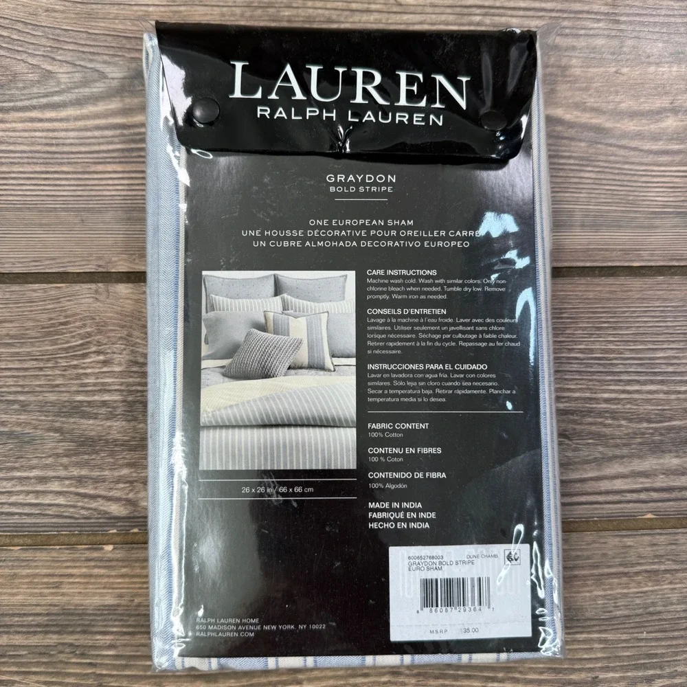 Ralph Lauren Graydon Bold Stripe European Euro Sham Dune Chambray Blue NEW
